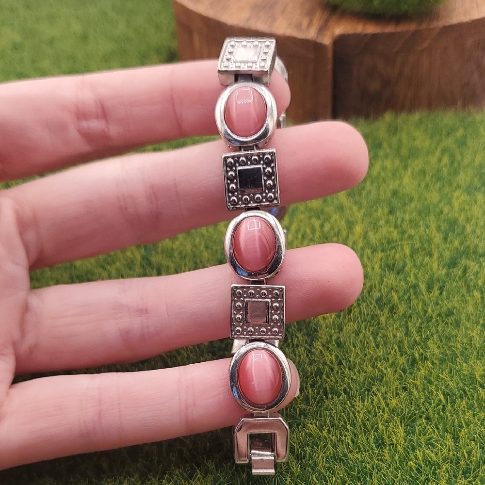 Elegant Silver Tone and Pink Stone Panel Bracelet B3403